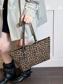 low tea 1pc Square Leopard Print Canvas Shoulder Bag, Suitable For Commuting, Shopping, Etc. (With Small Pouch) - Brown - View 11