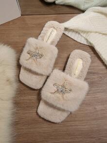 Spring/Autumn New Square Toe Plush One-Strap Flat Sandals For Women, Fashion Rhinestone Starfish Decor Fluffy Fur Slippers, Indoor/Outdoor Dual-Use - Beige - View 3