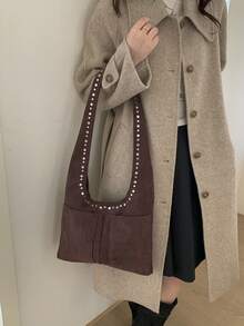 New Faux Suede Large Capacity Casual Shoulder Tote Bag, Colorblock Contrast Rivet Hobo Bag, Elegant Versatile Commuter Bag For Women - Multicolor - View 5