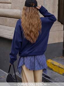 Plus Size Long Sleeve Teddy Bear Sweatshirt, College Style Design, Comfortable Crew Neck Pullover For Daily Wear - Navy Blue - View 2