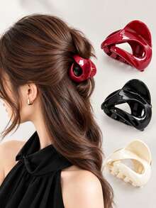 3/1pc Set Smooth Hollow Wave Hair Clips, Includes Cream White, Burgundy And Black Three Colors Hair Claw Set, Meets Daily Diverse Styling Needs - Multicolor - View 12