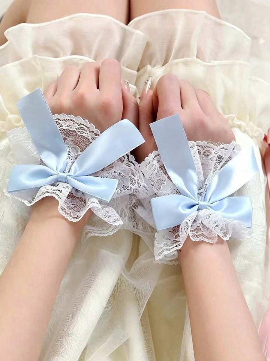 1 Pair Sweetheart Lace Bow Wrist Bracelets, Lolita Style Satin Ribbon Wristbands, Pleated Wrist Accessories For Photo Shoots, Girly Style - Multicolor - View 1