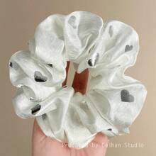 1pc White Satin Scrunchie With Polka Dot Pattern, Shiny Elegant Hair Accessory For Loose Ponytail, Autumn - Multicolor - View 9