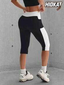 Hidkat Women's Solid Black & White Color Block High Waist Slim Fit Pocket Sweatpants - Black and White - View 2