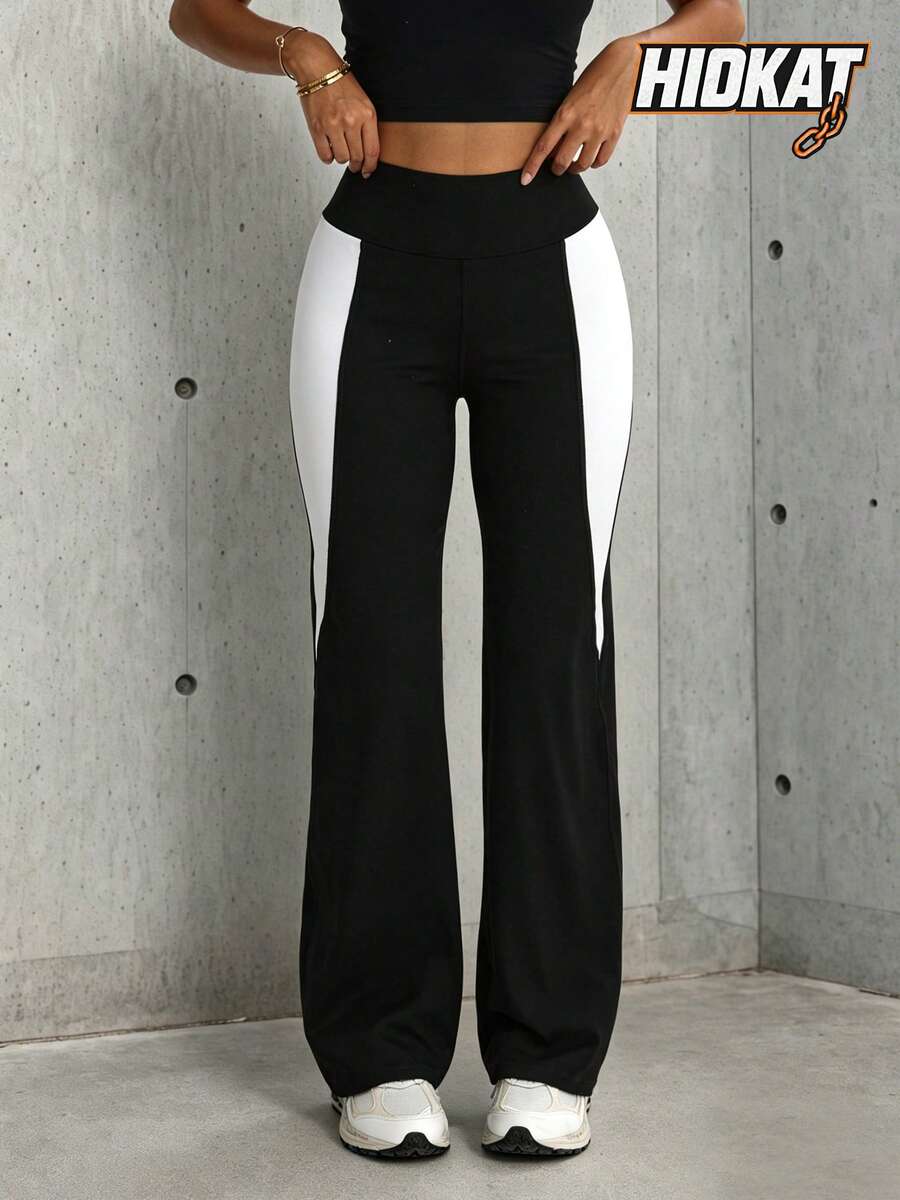Women's Solid Color Patchwork High Waist Letter Waistband Yoga Casual Sports Knit Long Pants - Black and White - View 1