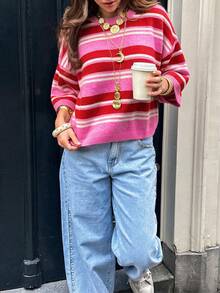 Women's New Autumn Color Block Striped Knit Top, Casual Daily Commute College Style - Pink and Red - View 3