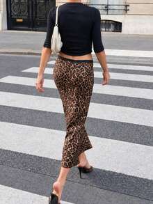 Rok Maxi Mermaid Motif Leopard Wanita, Rok Panjang Bodycon Model Ekor Ikan dengan Hem Mengembang Motif Hewan Gaya Jalanan Y2K - Coffee Brown - View 3