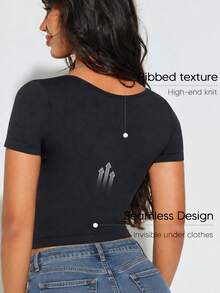 Women's Black Seamless Short Sleeve V-Neck T-Shirt, Shaping Top, Autumn Outfit - Black - View 4