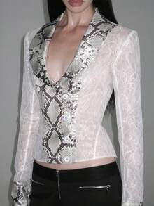 Women's Sheer Lace Snake Print Patchwork Long Sleeve Top With Collar - White - View 1