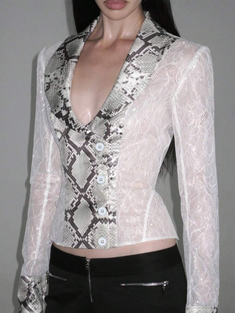 Women's Sheer Lace Snake Print Patchwork Long Sleeve Top With Collar - White - View 1