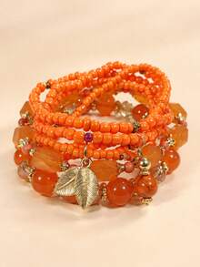 5pcs/Set Orange Seed Bead Layered Bracelet Set, Leaf Pendant Elastic Bracelets, Accessories For Boys And Girls, Suitable For Holiday Party Wear, Holiday Gift, Vacation Style - one-size - View 6