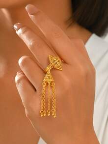 1pc Exotic Copper Material Rhombus Hollow Tassel Open Ring, Women's Jewelry For Diwali Costume Matching - Gold - View 1