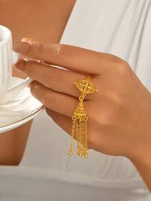 1pc Exotic Copper Material Rhombus Hollow Tassel Open Ring, Women's Jewelry For Diwali Costume Matching - Gold - View 3