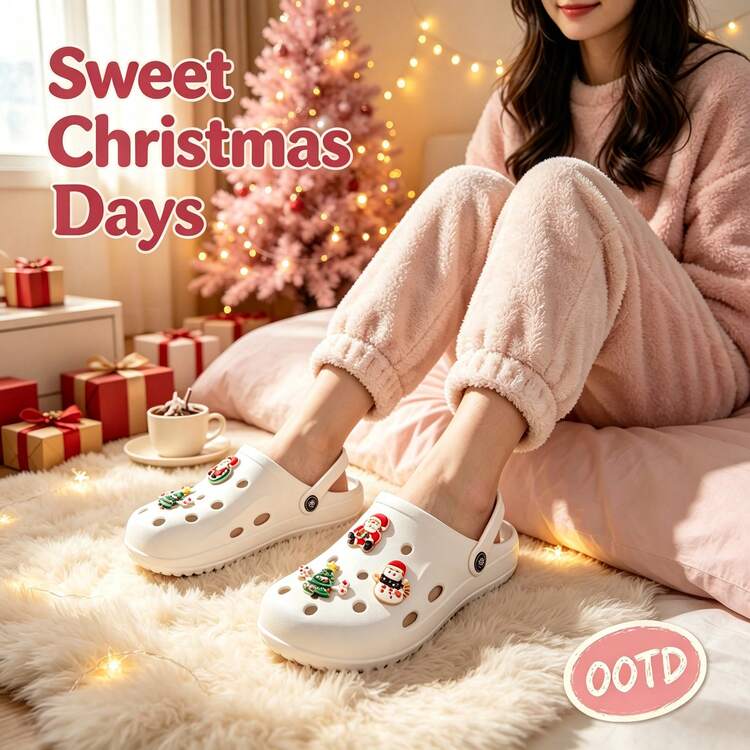 White Christmas Clogs, Unisex, Holiday Style Garden Shoes, Replaceable Santa Claus, Snowman, Christmas Tree Charms; EVA Material, Lightweight Slip-On Mule Shoes, Comfortable Home Slippers, Indoor/Outdoor Wear; Christmas Holiday Gift, Comfortable And Breathable - White - Christmas Style - View 3