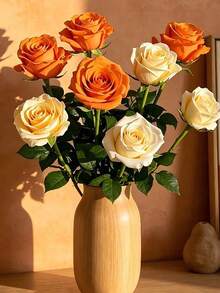 14pcs Multicolor Autumn Artificial Roses, Champagne & Orange Long Stem Roses, Realistic Artificial Rose Bouquet, Thanksgiving Christmas DIY Wedding Home Party Office Decoration - Multicolor - View 2