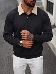Men's Contrast Color Fleece Collar Polo Sweatshirt, Solid Color Button Placket Long Sleeve Drop Shoulder Casual Pullover Streetwear Top - Black - View 2