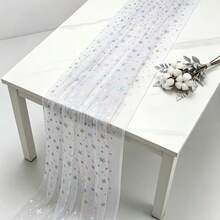 1pc White Dreamy Colorful Snowflake Table Runner, Christmas Table Decor, 75*305cm, Polyester Mesh, Colorful Snowflake Foil Stamped Table Runner, Transparent Tulle Dining Table Decoration, Wedding Party Atmosphere Table Decor, Banquet Wedding Dessert Table Decoration Long Tablecloth, Christmas Holiday Party Table Runner - White - View 8