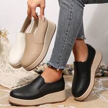 Women's Faux Rope Wedge Platform Round Toe Slip-On Loafers, Comfortable Daily Commute Home Shoes - Black - View 7