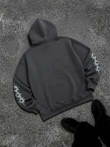 Zrgoth Men's Vintage Portrait & Star Print Sweatshirt, Loose Fit Streetwear Hoodie Long Sleeve Drawstring Hooded Top - Dark Grey - View 4