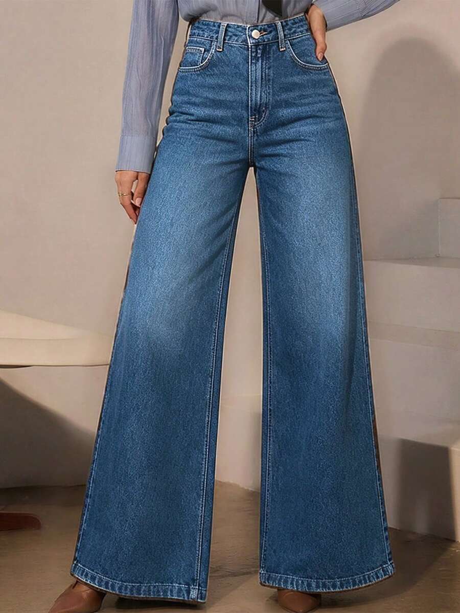 Women's Deep Blue Mid-High Waist Wide Leg Jeans, Vintage Washed Loose Drape Floor Length Pants, Casual Versatile Autumn Trousers