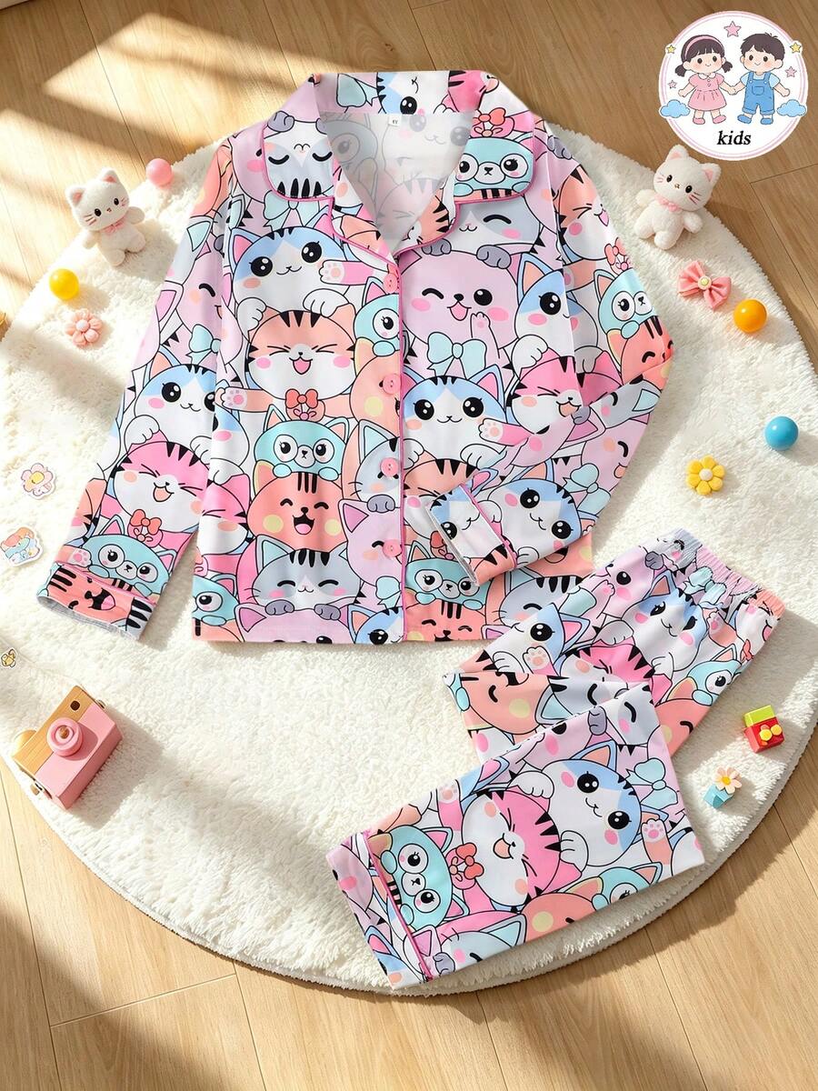2pcs/Set Girls Casual Cartoon Cat Print Lapel Long Sleeve Cardigan And Pants Pajama Set Flame Retardant All Season - Multicolor - View 1