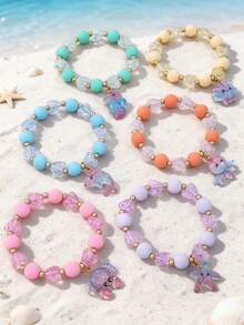 6Pcs/Set Kids Cute Ocean Animal Colorful Beaded Bracelet With Glitter Octopus Starfish Dolphin Charm Children Girls Holiday Party Accessories - Multicolor - View 3