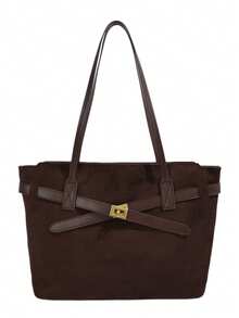 1pc Women's Solid Color PU Middle Compartment Shoulder Tote Bag, Large Capacity, Suitable For Outings, Shopping, Dating, Gift - Coffee Brown - View 7