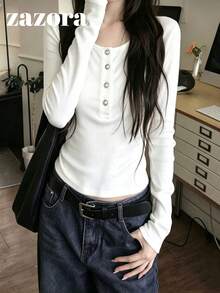 Korean Style Minimalist All-Match Versatile Henley Neck Pullover Slimming Base Layer Long Sleeve T-Shirt Top For Women - White - View 7