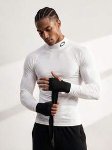 Driftmere Men's Graphic Print Stand Collar Slim Fit Long Sleeve Sports T-Shirt, Gym - White - View 2