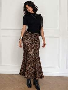 Rok Maxi Mermaid Motif Leopard Wanita, Rok Panjang Bodycon Model Ekor Ikan dengan Hem Mengembang Motif Hewan Gaya Jalanan Y2K - Coffee Brown - View 4