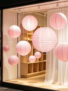 9pcs/Set Elegant Pink Paper Lanterns, Includes 9 Lanterns And 9 Stands, Round Handmade Foldable Decorations, Suitable For Weddings, Birthdays, Anniversaries, New Year Celebrations, Christmas Decor And Halloween Decor - As Shown - View 8