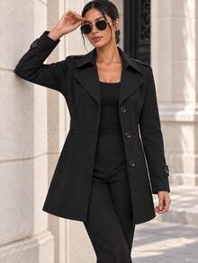 AODSR Women's Black Trench Coat, Slim Fit, Notched Lapel, Single Breasted Button Front, Long Sleeve Mid Length Coat With Pockets - Black - View 10