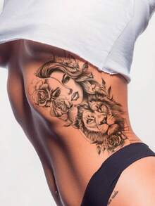 1pc Black Ins Style Portrait Lion Floral Pattern Party Gift DIY Holiday Gift Music Festival Temporary Waterproof Tattoo Sticker For Arm Waist Abdomen Leg - Black - View 3