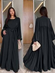 طقم عباية بلون موحد من أوليد، كارديجان بأكمام فانوس كطبقة خارجية مع فستان داخلي وحزام خصر، رداء طويل أنيق وراقي للنساء المسلمات، مناسب للارتداء اليومي والحفلات - متعدد الألوان - مشاهدة 1