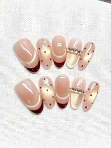 10pcs Pure Handmade Medium Oval Press On Nails, Elegant Minimalist Style, Nude‑Burgundy Cat‑Eye With Red Polka Dots And Crystal Rhinestone Design For Women And Girls Spring Summer Autumn Winter Festivals Party And Daily Life Use - Multicolor - View 3