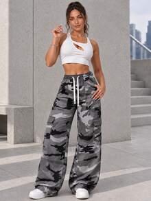 Gray Camo Cargo Pants For Women Elastic Drawstring Waist Side Flap Pockets Relaxed Wide Leg Casual Trousers. - Grey - View 10