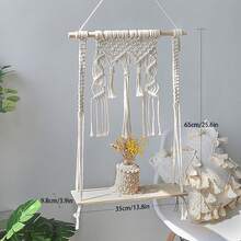 1pc Bohemian Style Macrame Wall Hanging With Wooden Board And Tassels, Handmade Woven Minimalist Shelf Wall Decor - Without Plants And Accessories - Beige - View 12