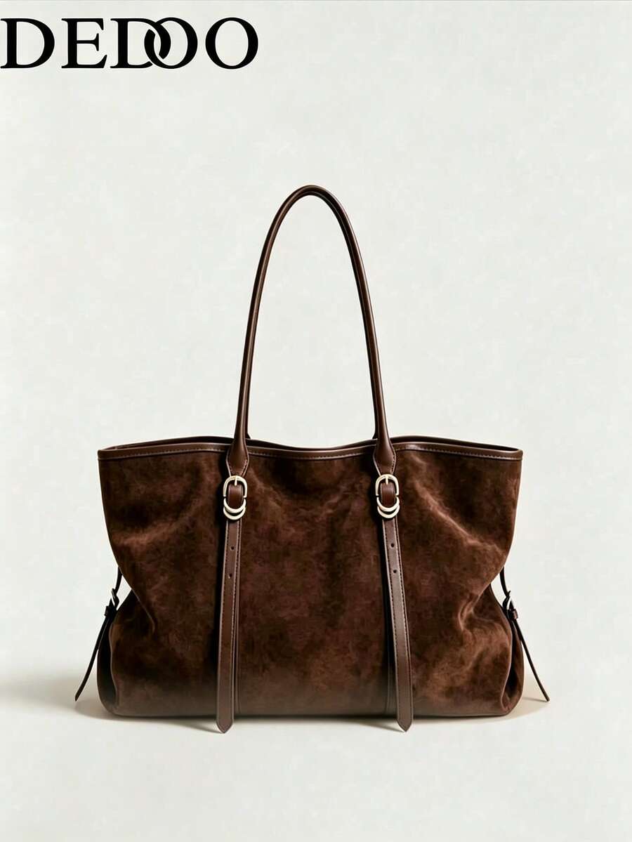 Dedoo 1 buah Tas Tote Bahu PU Warna Polos Wanita, Tas Tangan Berbentuk Kipas Vintage Kapasitas Besar, Cocok Untuk Kantor, Perjalanan, Belanja, Liburan, dan Bepergian