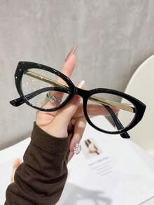 Cat Eye Clear Lens Eyeglasses For Women, Retro Full Rim Frame With Gold Temple Decor, Non-Prescription Fashion Eyewear For Daily Office - Multicolor - View 8
