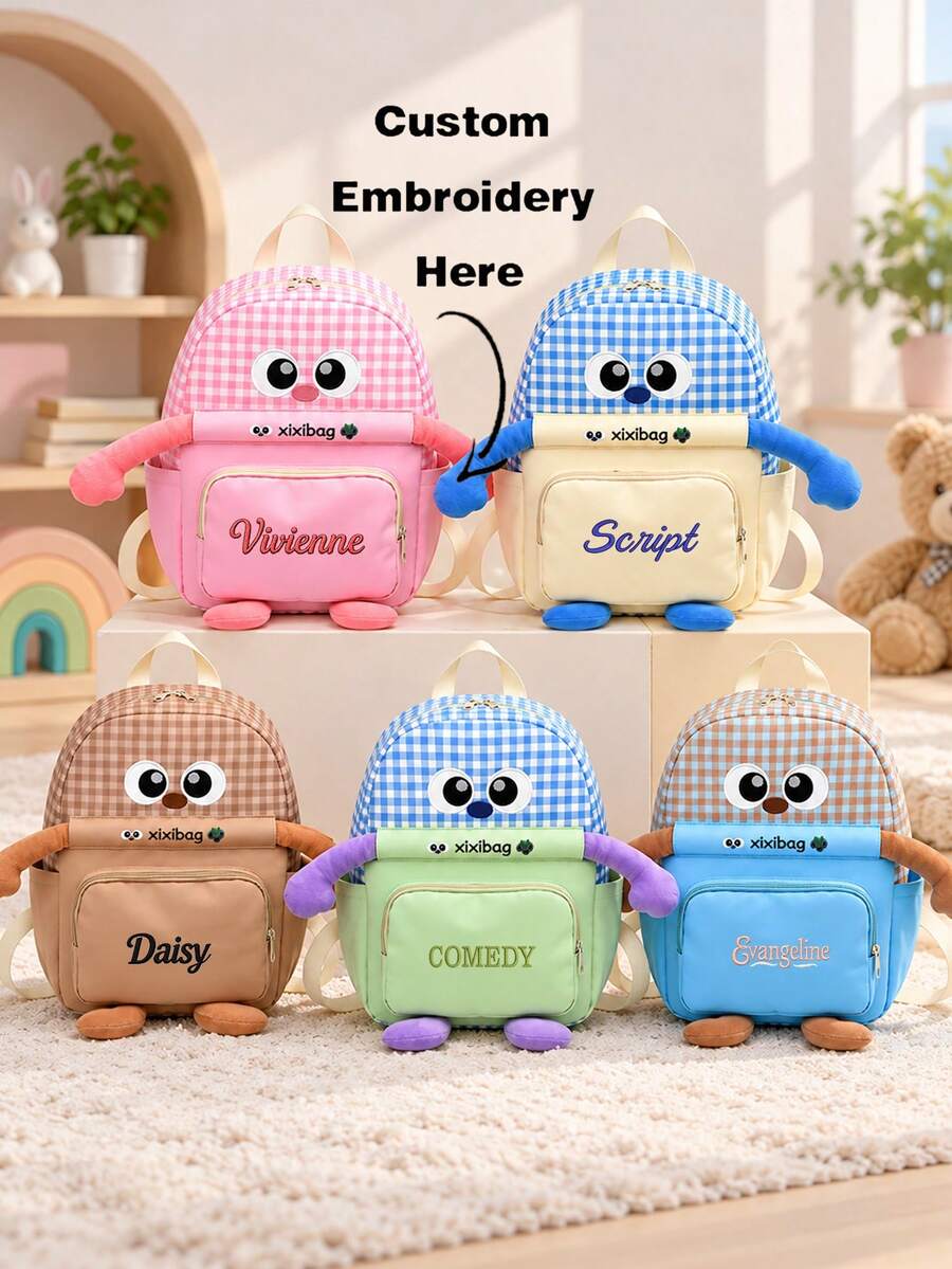 (Custom Embroidery) 1PC Cute Big Eyes Design, Color Block Patchwork, Breathable Lightweight Shoulder Strap, Personalized Name Embroidery, Holiday Gift, School & Travel Dual-Use Lightweight Backpack - Multicolor - View 1