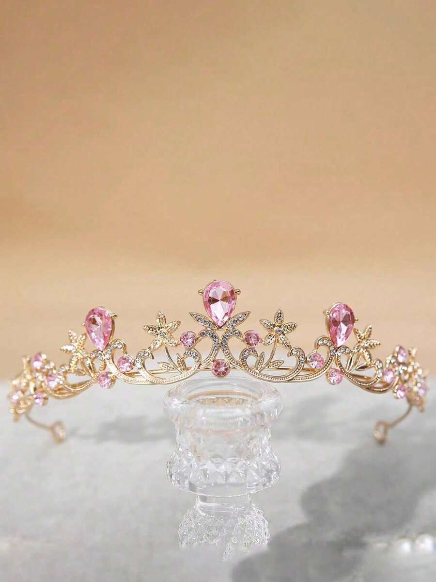 1 Women's Fashion Princess Three-Dimensional Crown Sweet Light Luxury Rhinestone Birthday Hair Accessory Headband - Pink - View 1