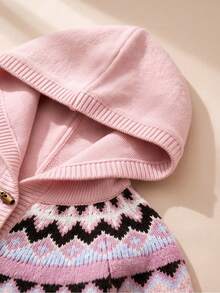 JIANHU Women's Pink Hooded Fair Isle Pattern Button-Up Cardigan, Suitable For New Year, Outdoor, Travel And Daily Wear - Pink - View 7