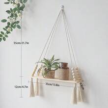 1pc Bohemian Style Macrame Wall Hanging With Wooden Board And Tassels, Handmade Woven Minimalist Shelf Wall Decor - Without Plants And Accessories - Beige - View 19