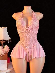 Sexy Lingerie, Open Crotch Design, Floral Lace Patchwork Ruffle Trim Elegant Women's One-Piece Nightgown, Bedroom Seduction Set - Pink - View 2