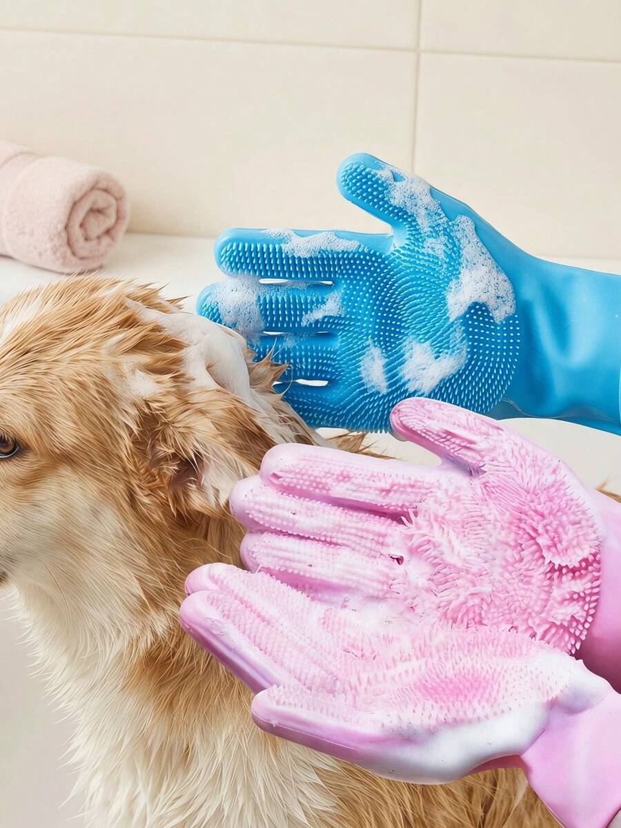 PETSIN Pet Bathing Gloves For Cats And Dogs, Anti-Scratch, Deep Cleaning, De-Shedding And Massage Functions, Dry And Wet Use, Also Suitable For Kitchen/Car Wash And Daily Home Cleaning - Multicolor - View 1