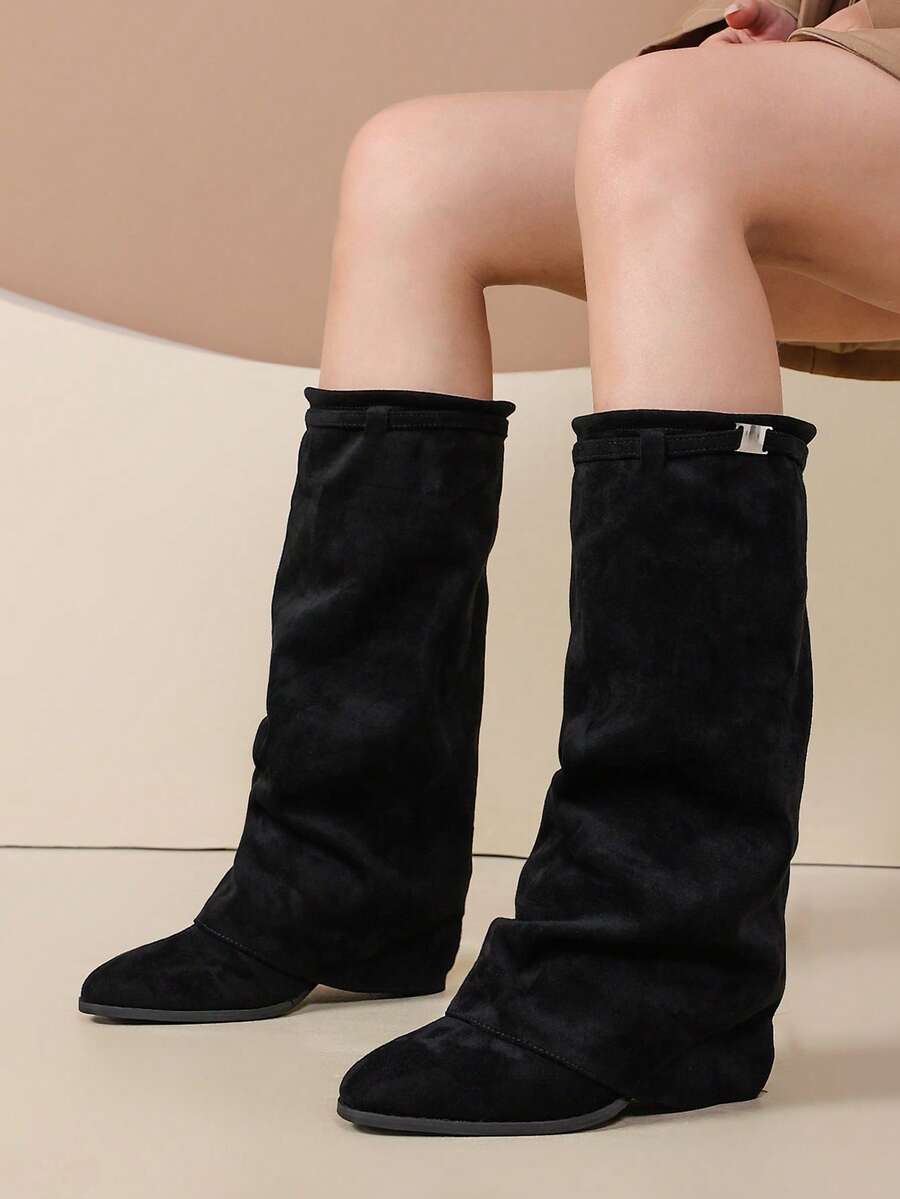 Women's Ruched Knee-High Kitten Heel Boots, Fold-Over Buckle High Shaft Boots, Suitable For Daily Commute And Party Outfits - Black - View 1