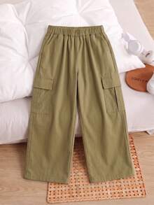1pc Girls' Simple Solid Color Casual Multi-Pocket Long Straight Leg Polyester Cargo Pants, Suitable For 4-7 Years Old, Autumn/Winter Back To School Season - Camel - View 5