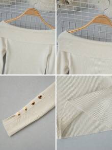 2026 Pure Desire Style Off Shoulder Folded Ribbed Knit Long Sleeve, Off-Shoulder Slim Fit Cropped Base Layer, Wide Folded Ribbed Off Shoulder Collar, High Elastic Vertical Rib Texture Slimming Sexy Cropped Top - Apricot - View 7