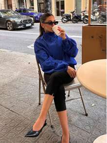 ZAHM Fall And Winter Women Stand Collar Button Down Jacket, Ruched Long Sleeve Drawstring Hem Cropped Casual Outerwear - Blue - View 5