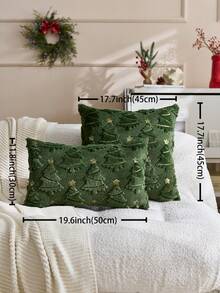 1pc Christmas Green Artificial Fur Christmas Tree Embroidered Pillow Case, Suitable For Indoor Decoration, Christmas Decoration, All Season Pillow Case, Without Insert - Green - View 4